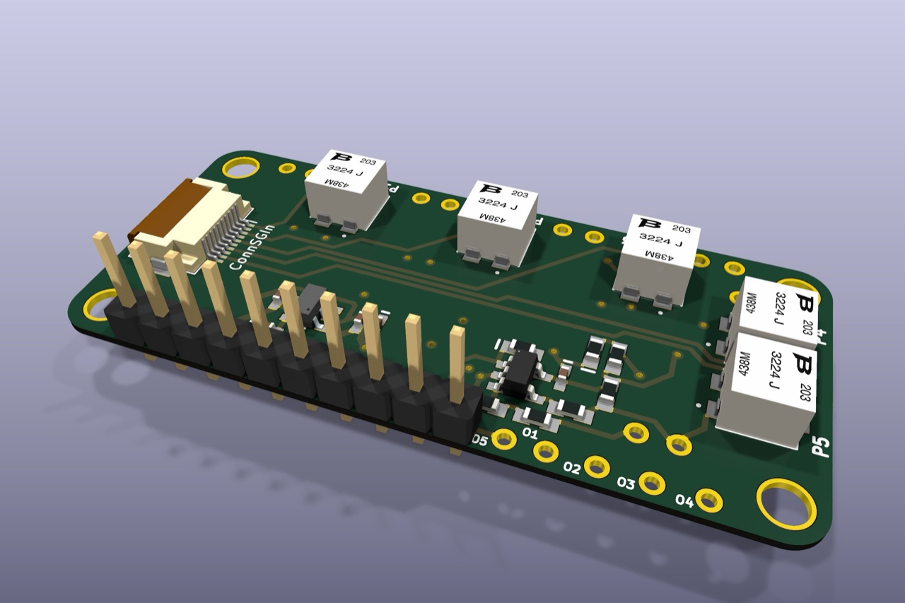 Isometric KiCad render of the five-channel strain-gauge interposer PCB with five trim pots, a flat-flex connector, and a 10-pin header